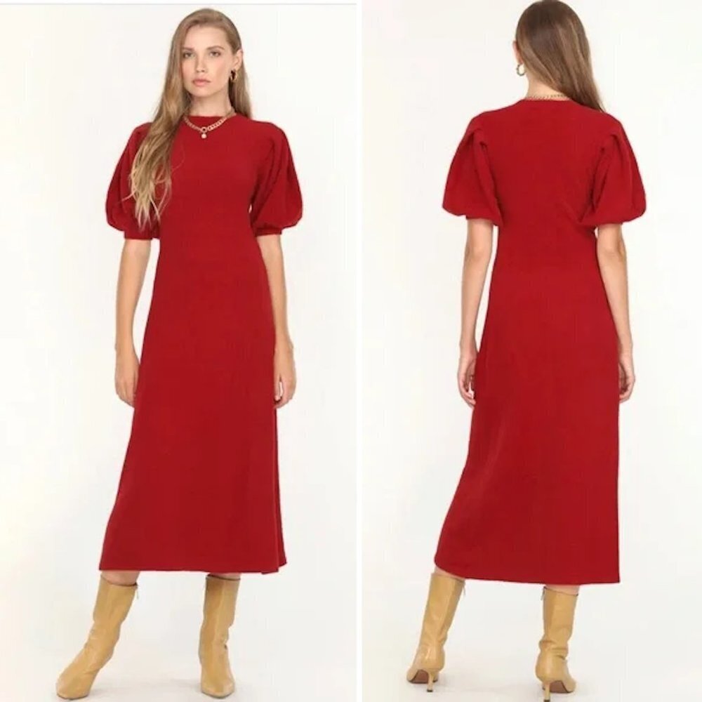 NWT New Adelyn Rae Puff Short Sleeve Red Sweater Knit Midi Dress Size S